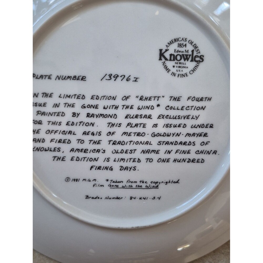 Knowles "Rhett" Gone with the Wind Vintage Plate - Picture 5 of 16